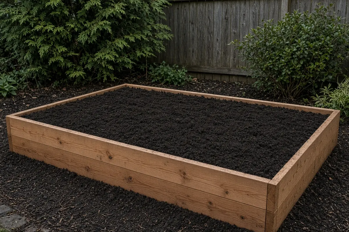Filled raised bed with dark soil on top