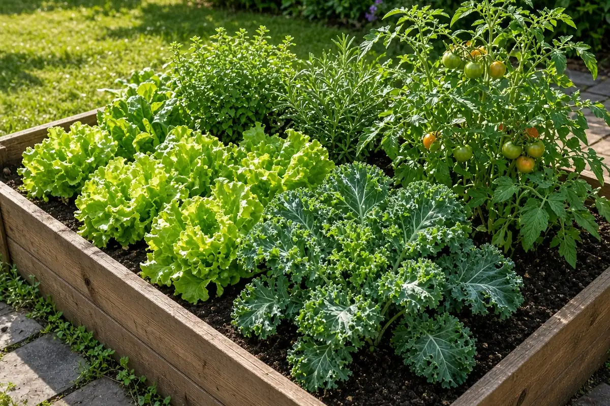 Filled raised bed with healthy plants