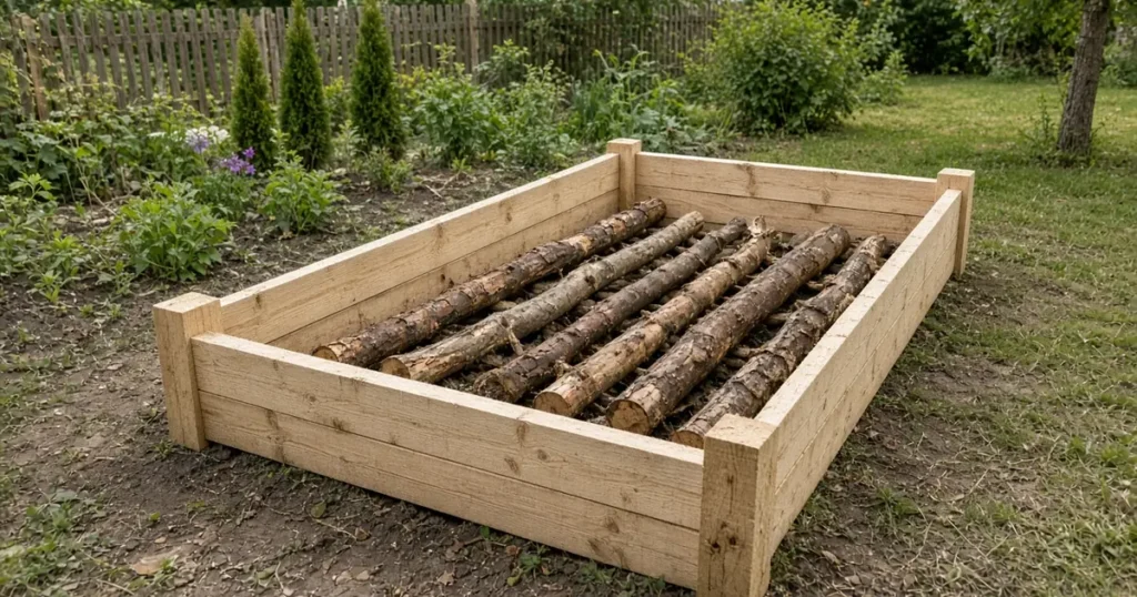 Raised bed with logs and branches in the bottom layer