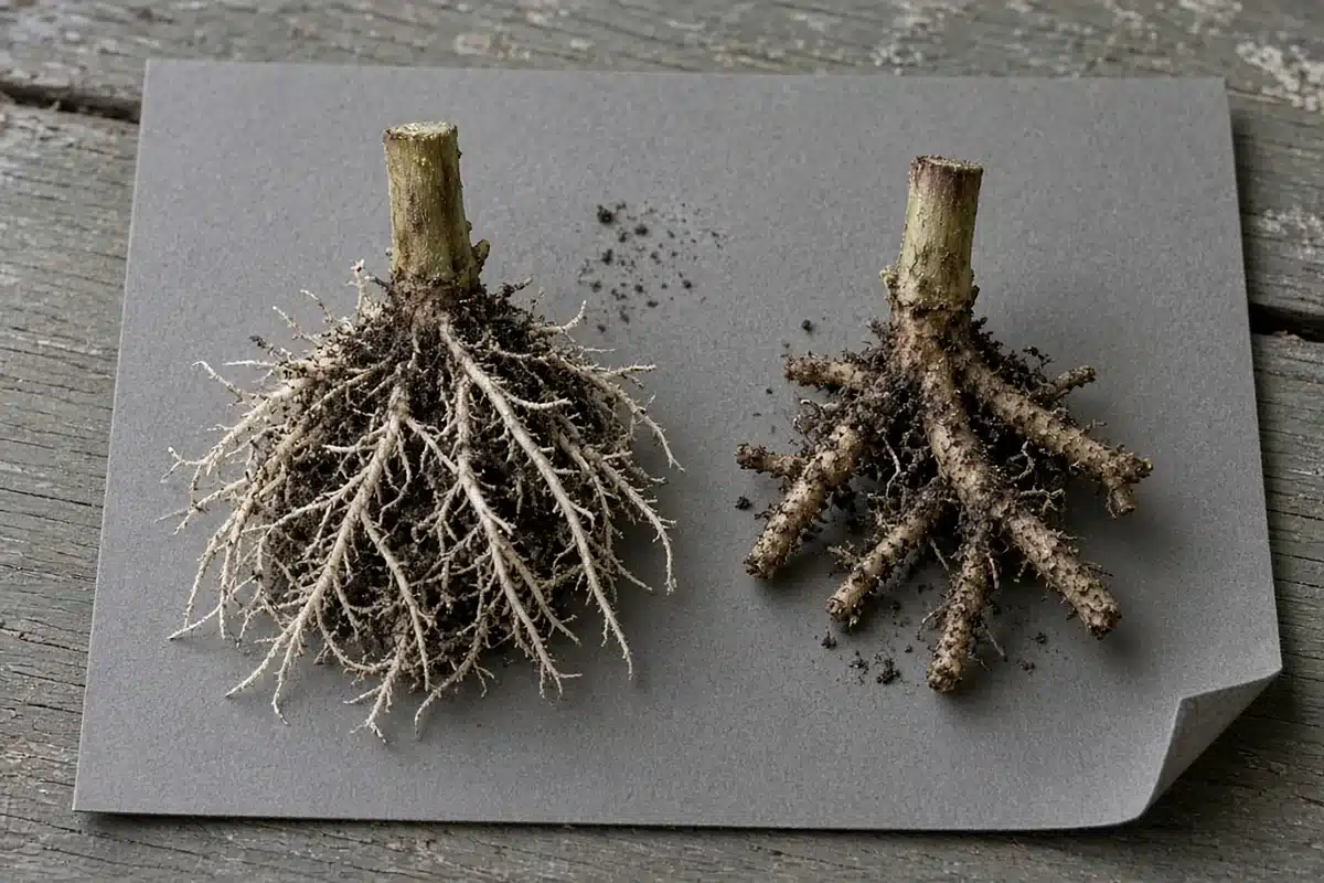 Photo-style illustration of fine fuzzy plant roots next to stubby chewed roots on a gray card