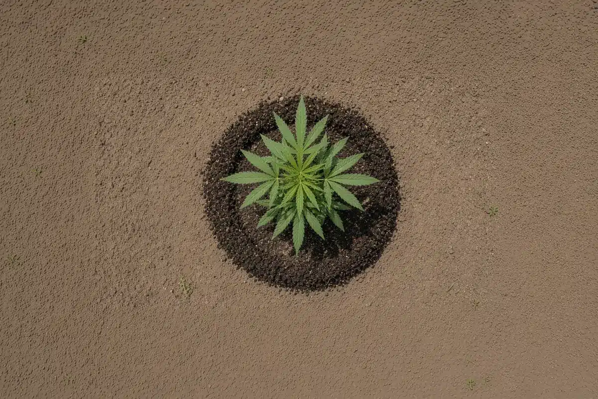 Ring of finished compost spread around the base of an outdoor cannabis plant.