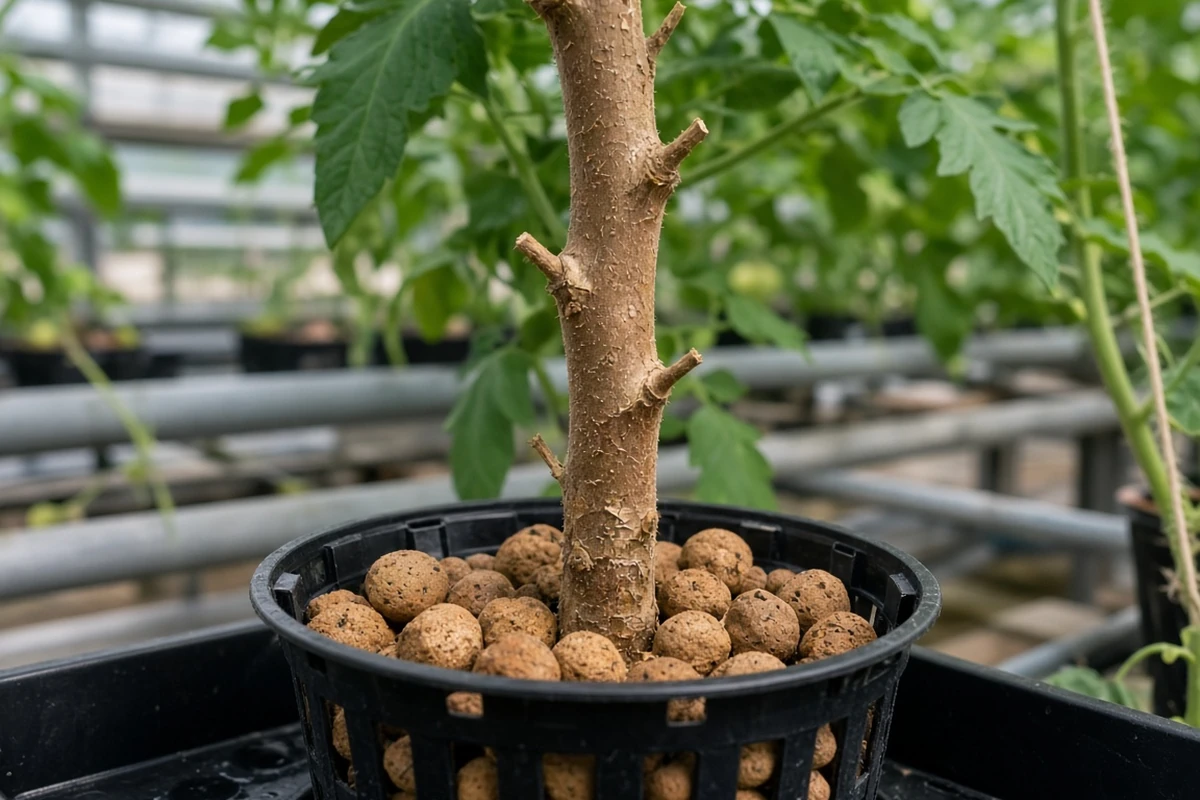 Firm tan lower stem of a tomato plant in clay pebbles