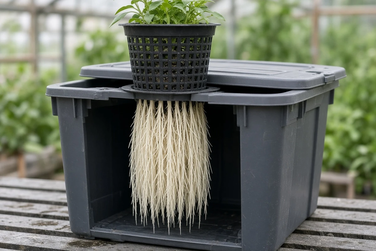 Firm white roots below a net pot