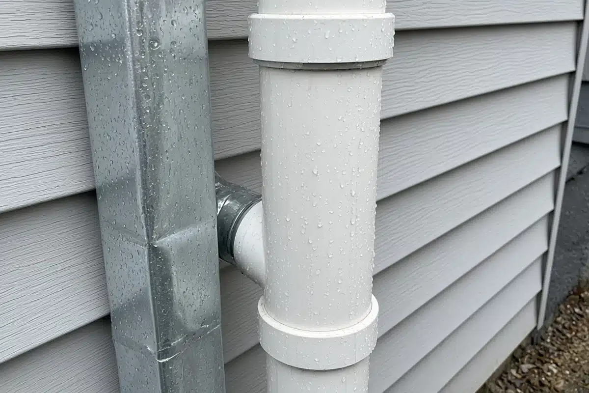 First-flush diverter fitted to a downspout to send dirty roof water away.