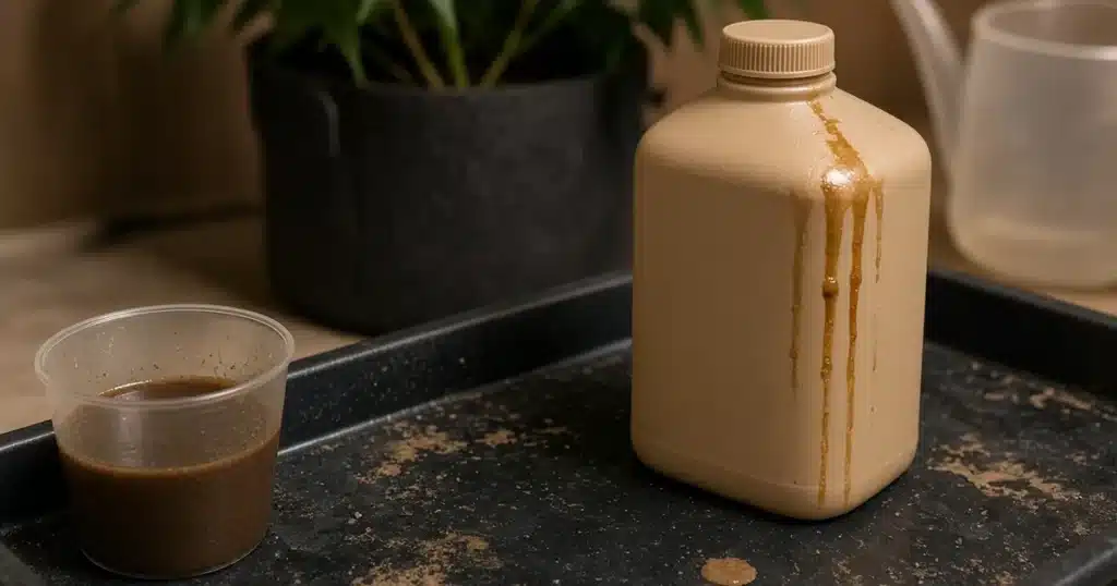 Bottle of fish emulsion fertilizer beside a measuring cup of brown liquid and a watering can