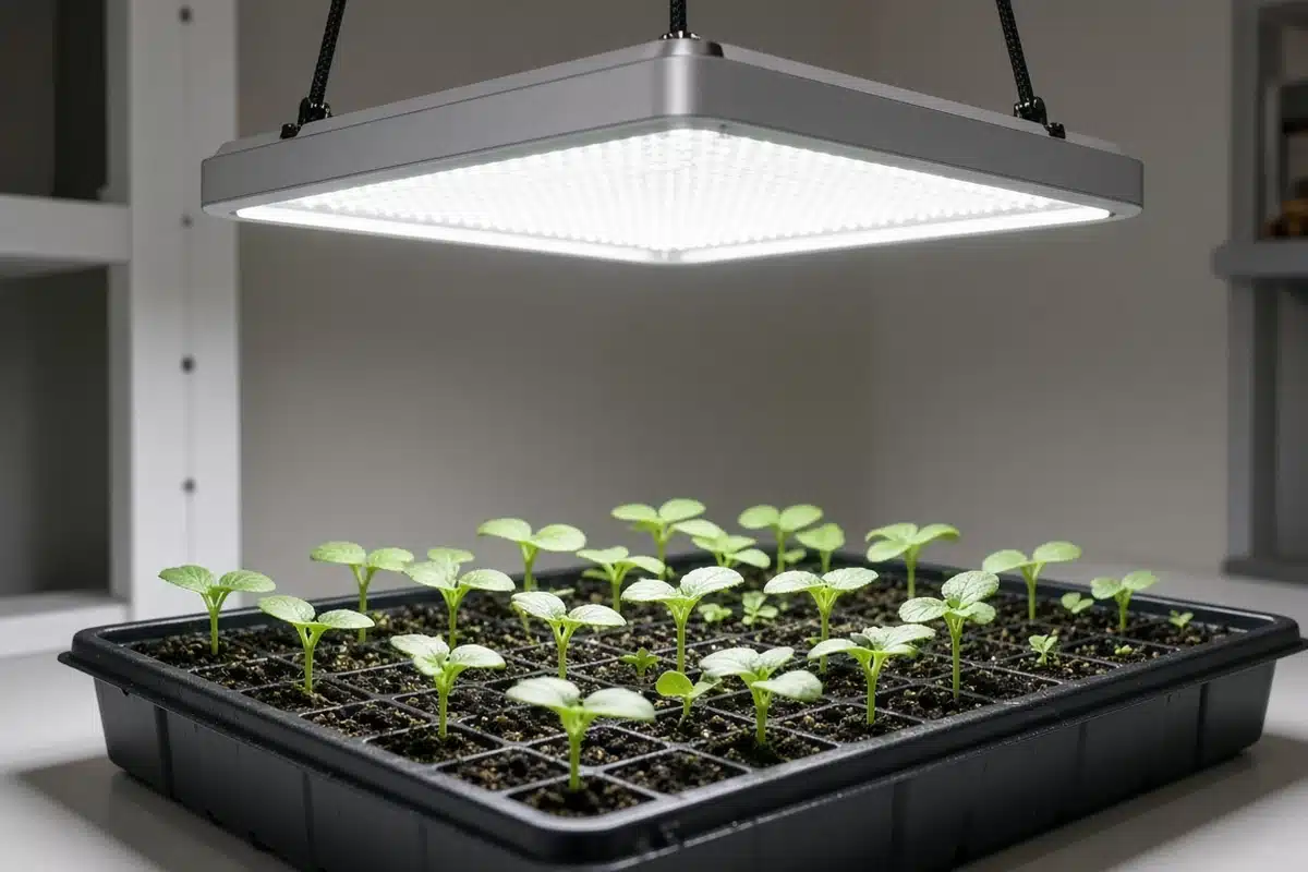 Flat LED panel fixture hanging above seedlings