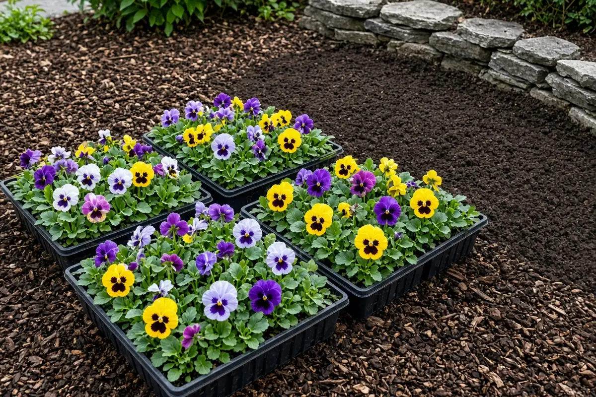 Flats of pansies ready for planting