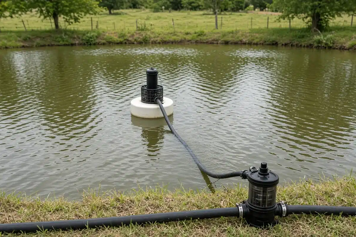 Floating pump intake in a farm pond connected to an inline disk filter and black irrigation hose