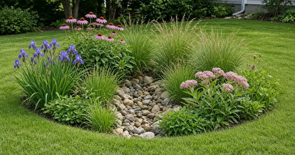 Rain garden with native plants in a low yard spot