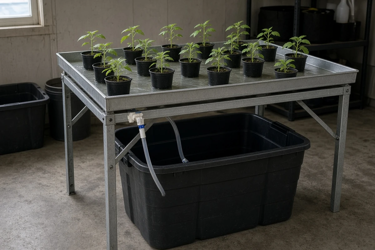 Flood tray stand with a reservoir underneath