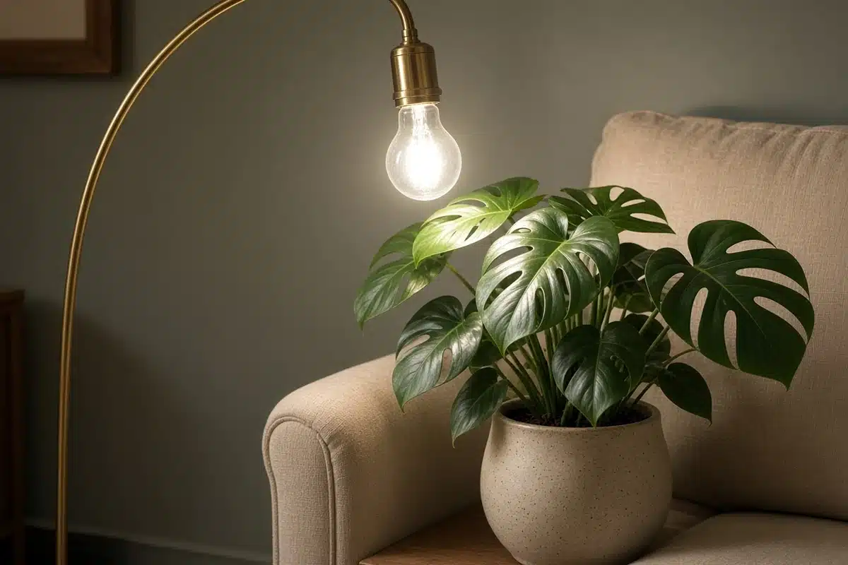 Floor lamp with a grow bulb beside a leafy plant