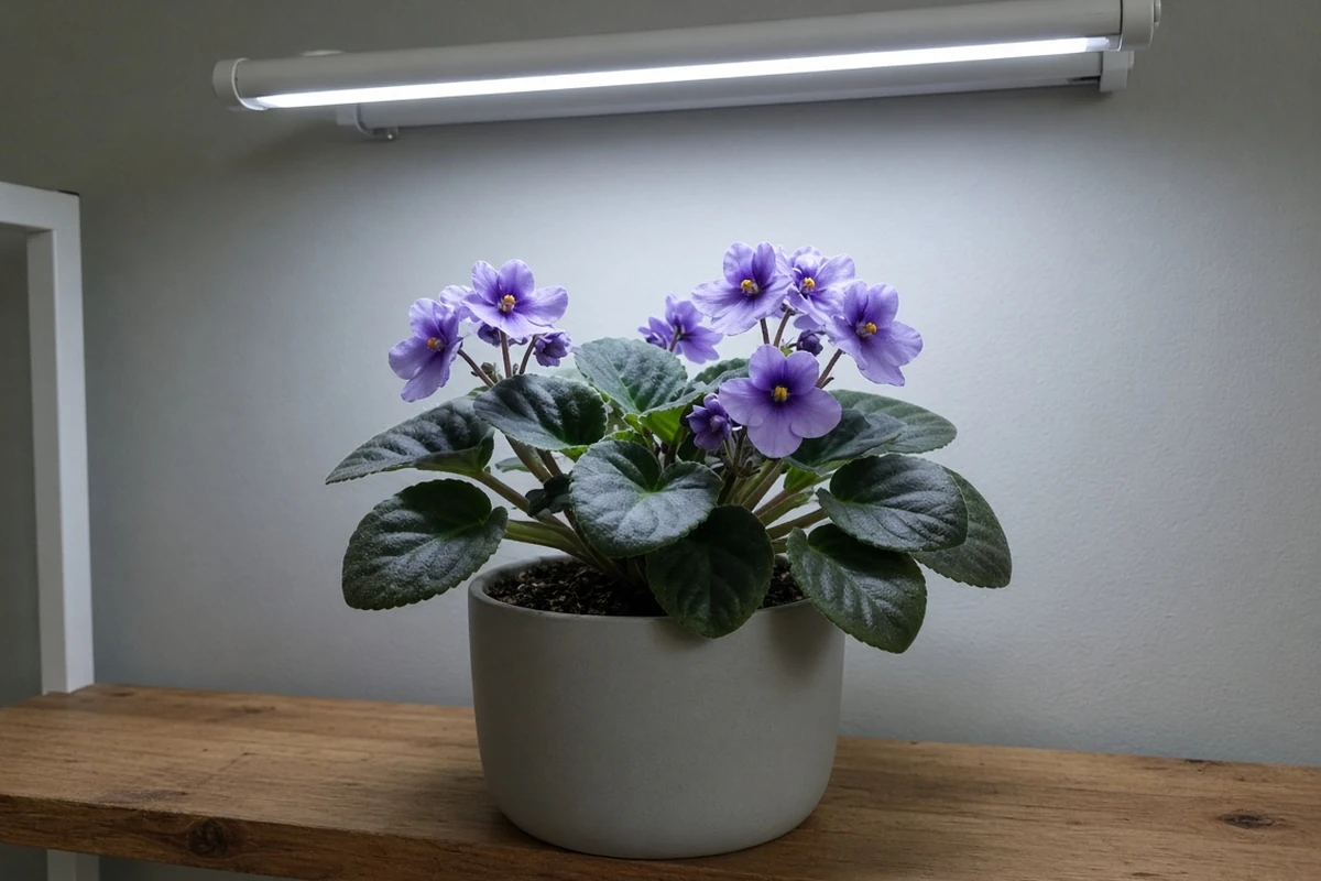 Flowering houseplant under an LED grow light