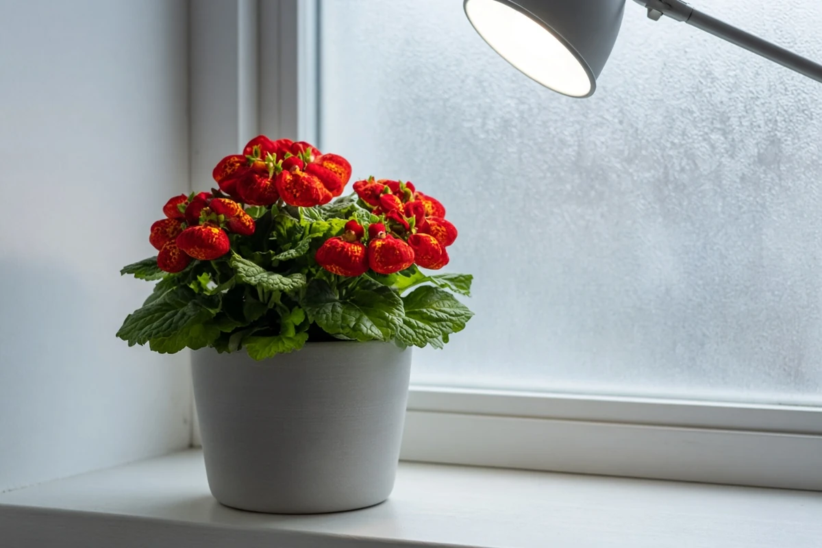 Flowering pot on a cool bright sill under a lamp