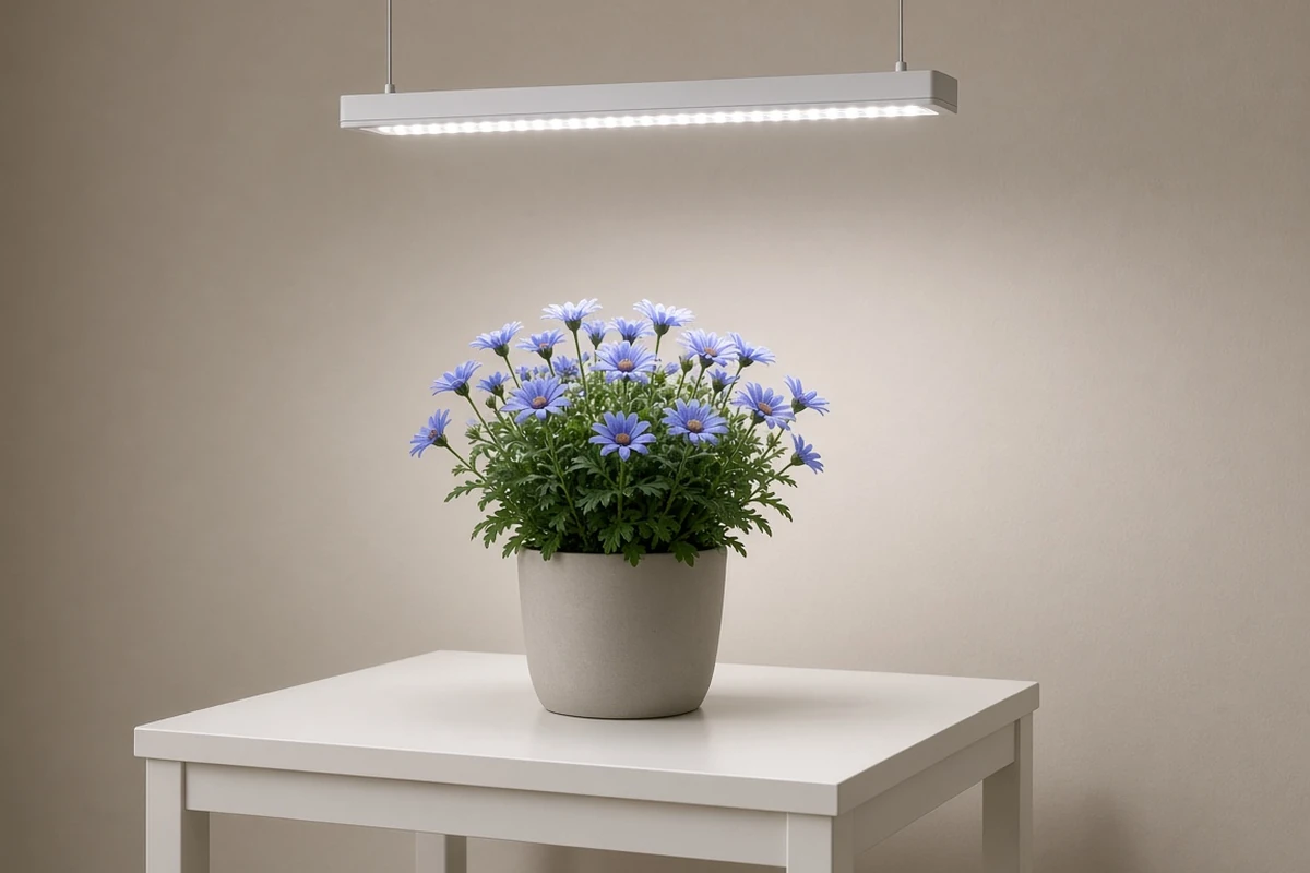 Flowering pot under a hanging LED grow light