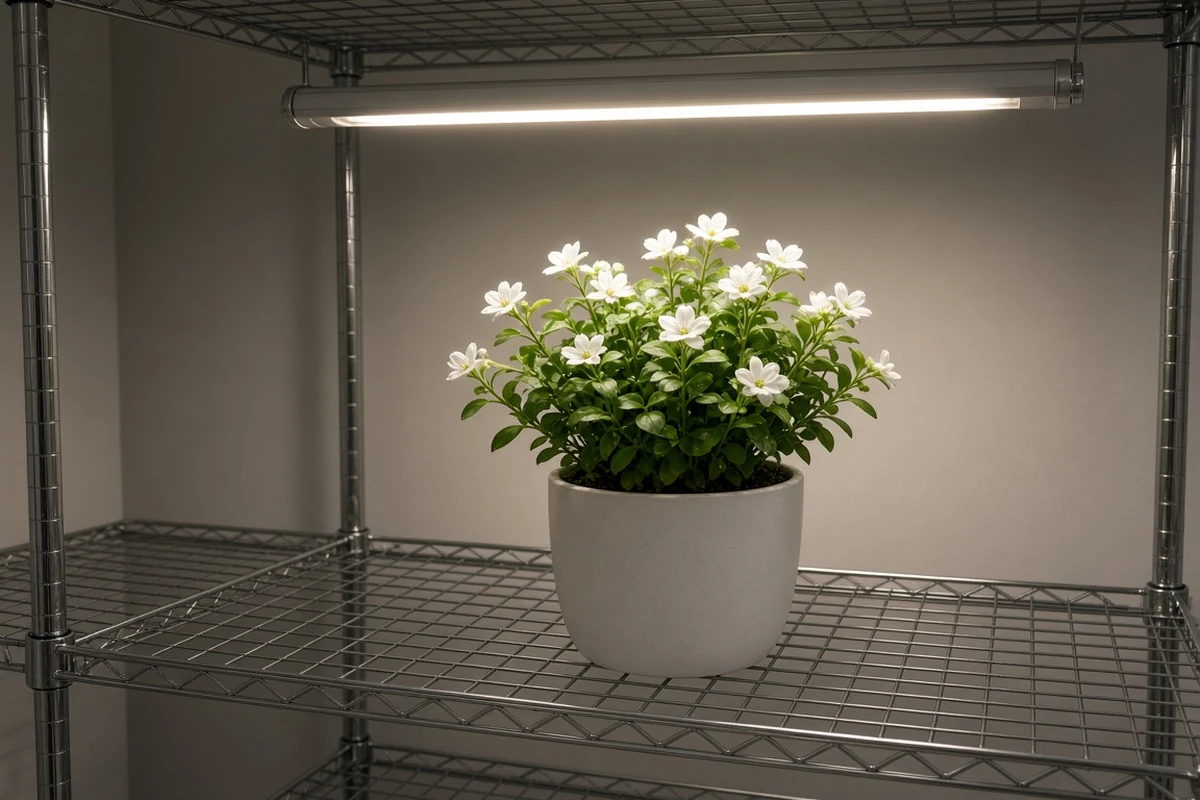 Flowering potted plant under a grow light