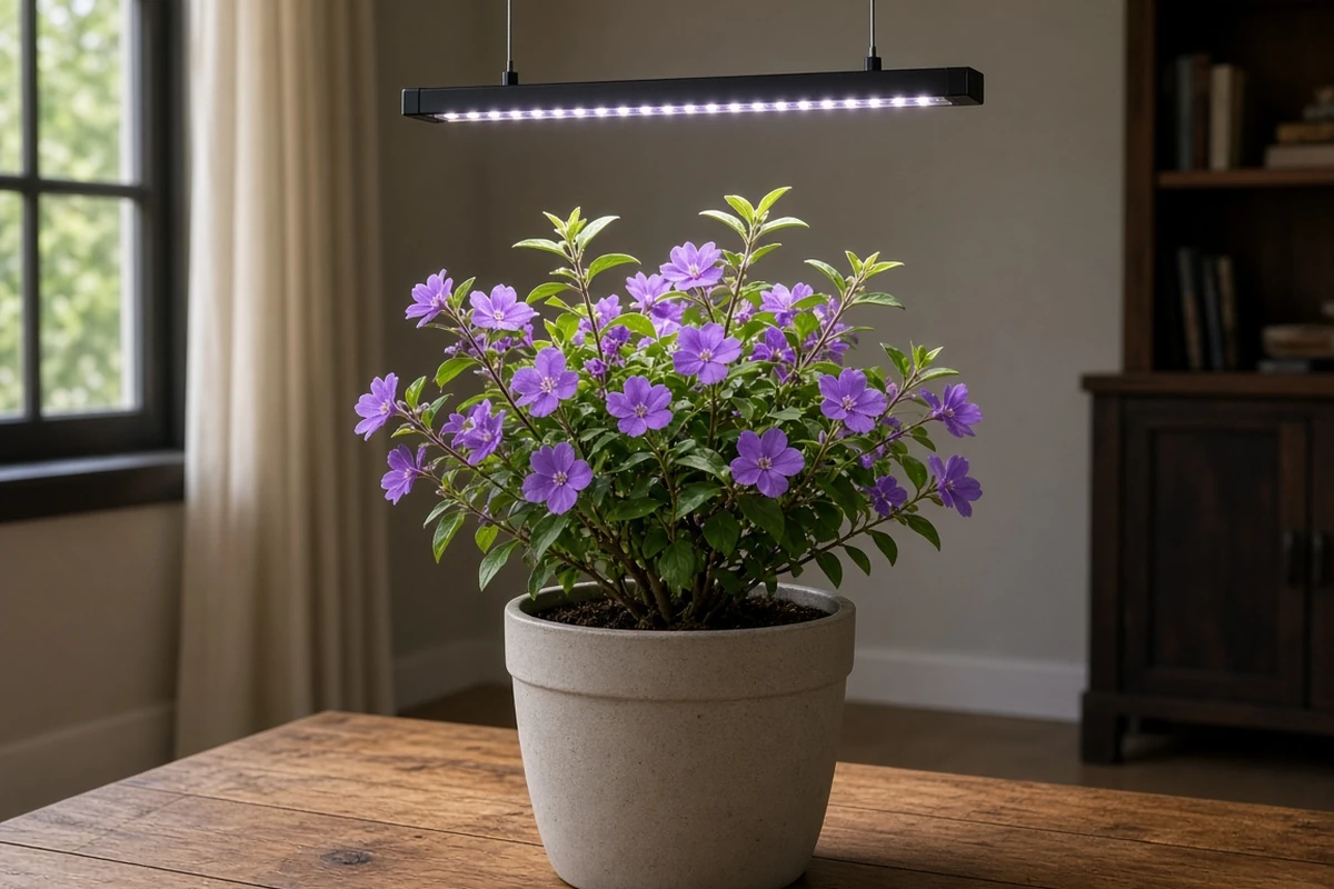 Flowering shrub under a grow light on a table