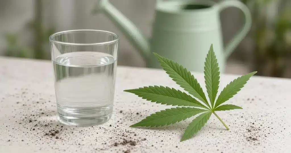 Glass of tap water next to a cannabis leaf on a white potting table with a watering can in the background
