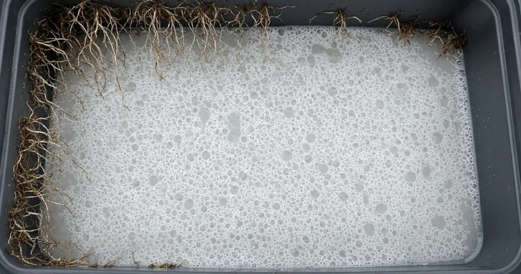 Thick layer of foam covering the surface of a hydroponic reservoir