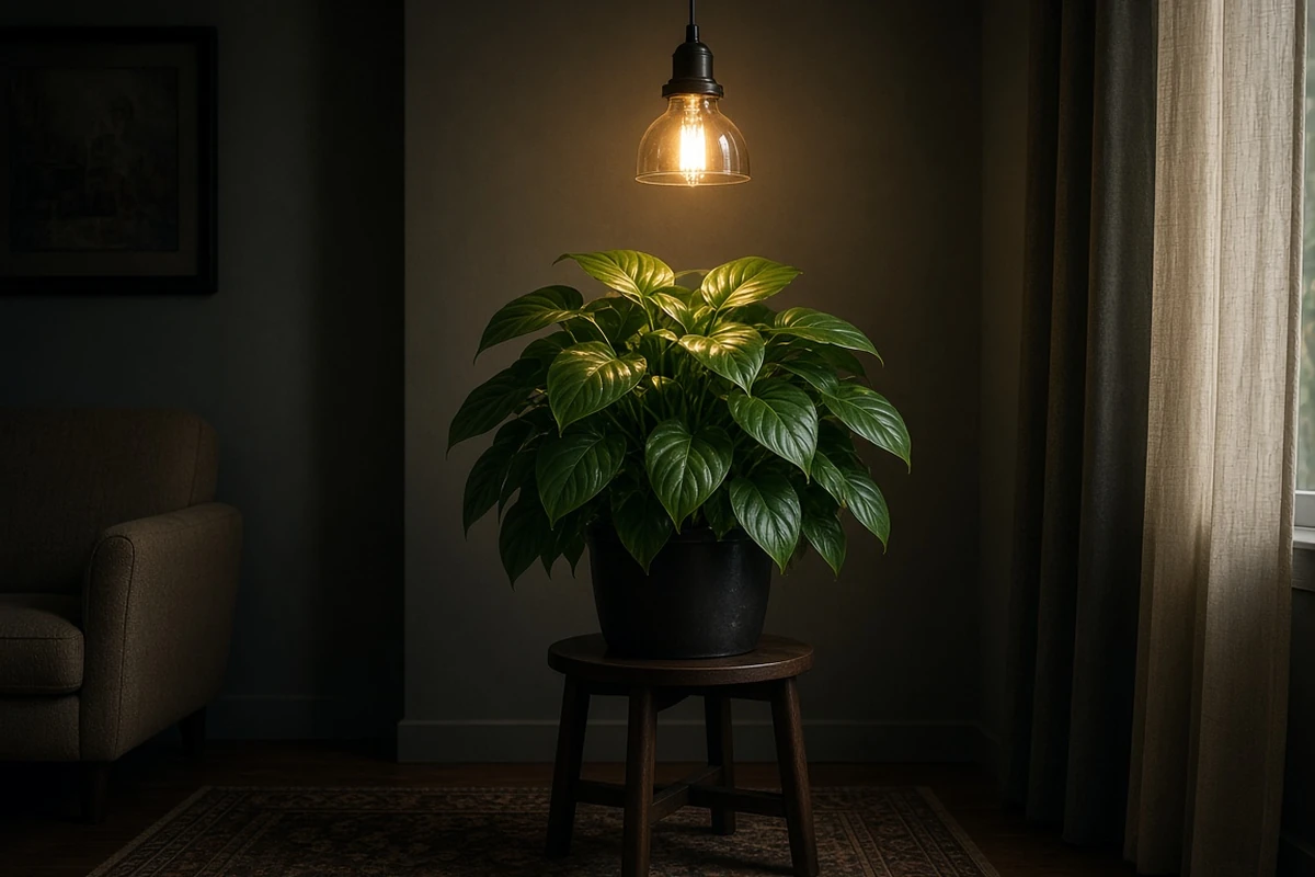 Foliage plant under a hanging grow light