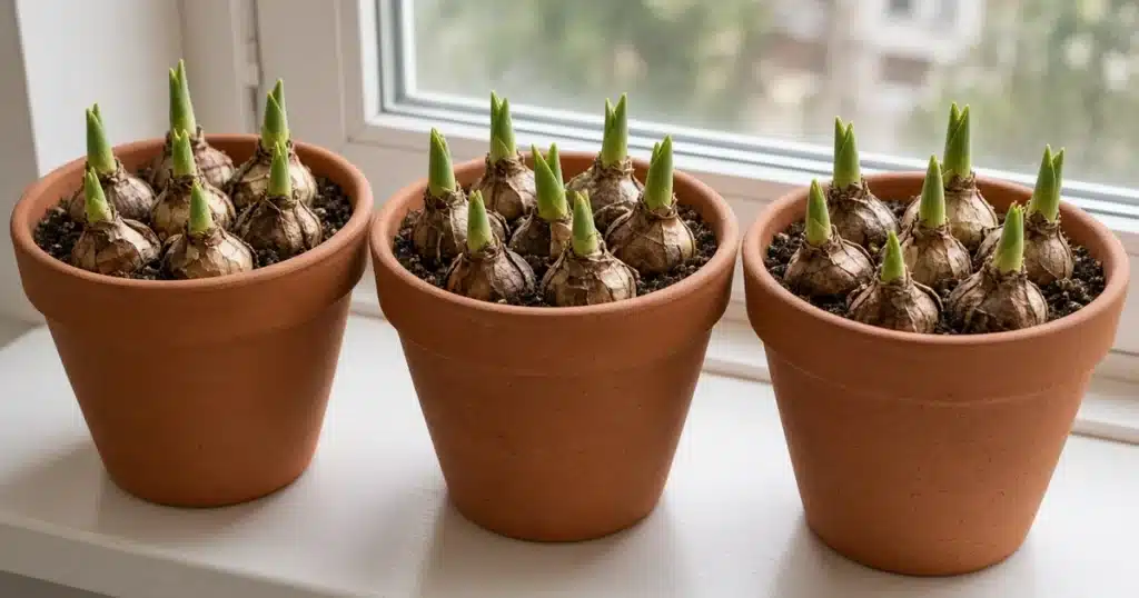 Pots of tulip bulbs with green shoots on a windowsill