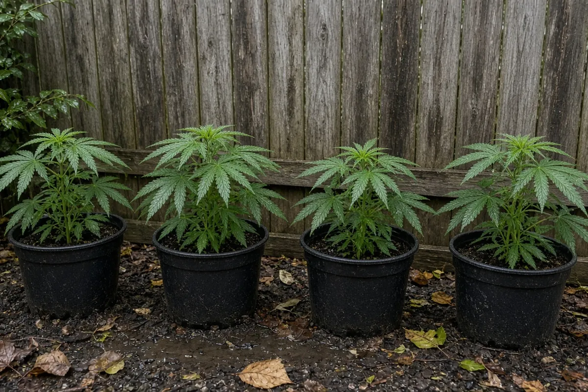 Four cannabis plants behind a tall wooden garden fence