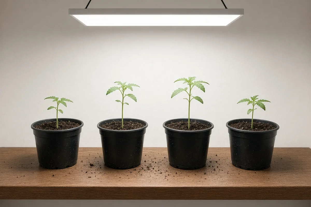 Four cannabis seedlings under a small grow light