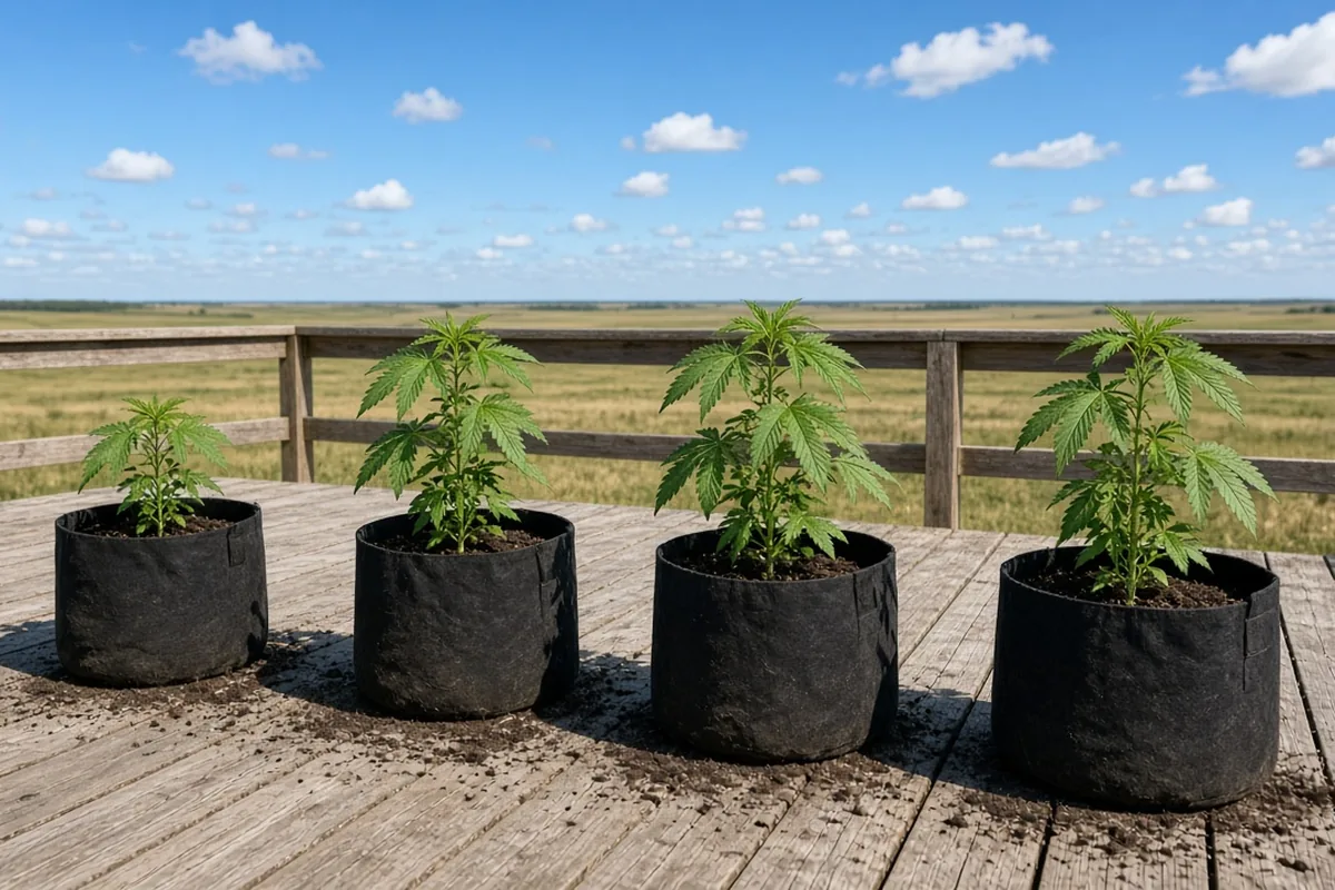 Four young cannabis plants in pots on a back deck