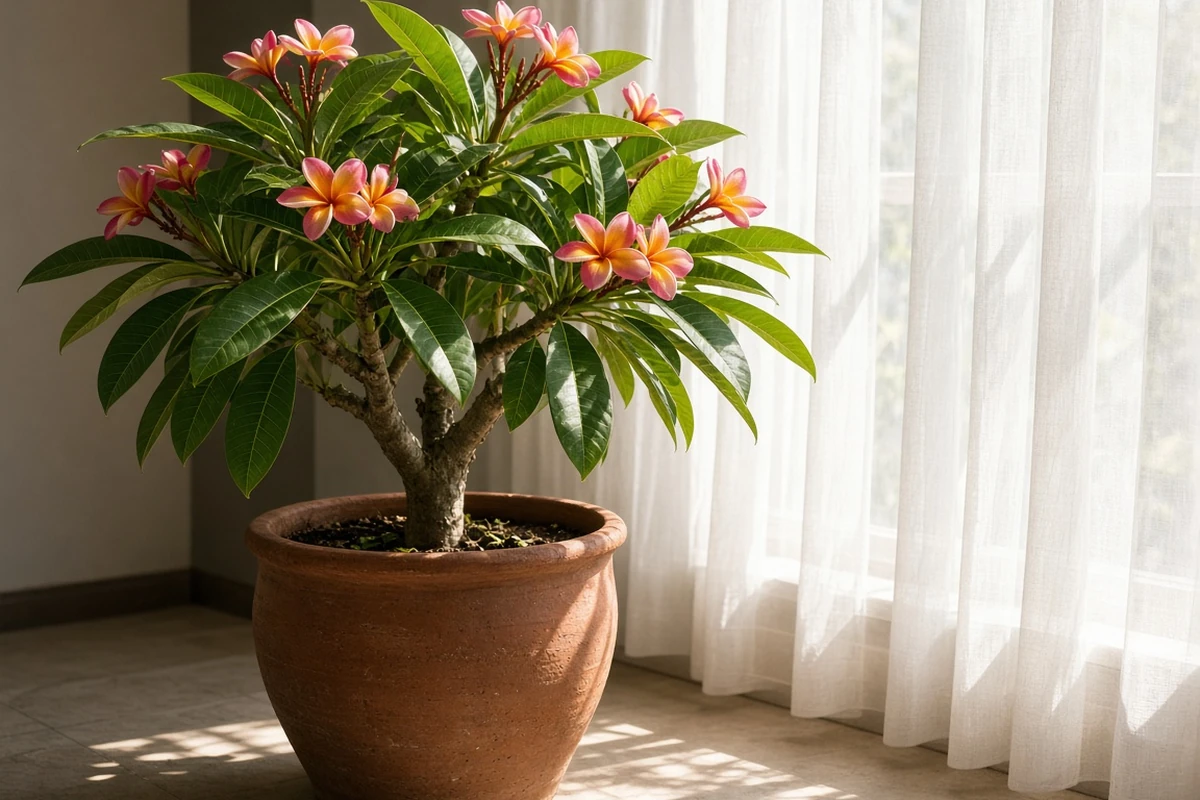 Frangipani in a pot near a bright window