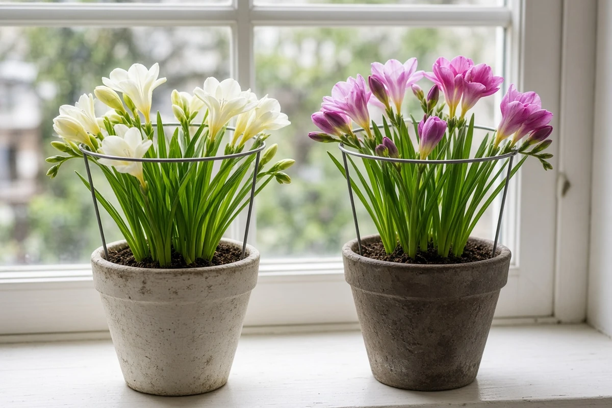 Freesia pots with wire hoop supports by a window