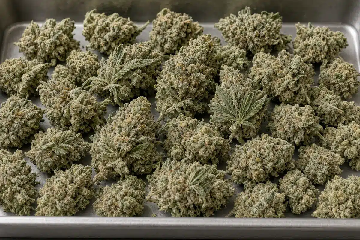 Metal tray holding a single layer of frosty looking cannabis buds just out of a freeze dryer