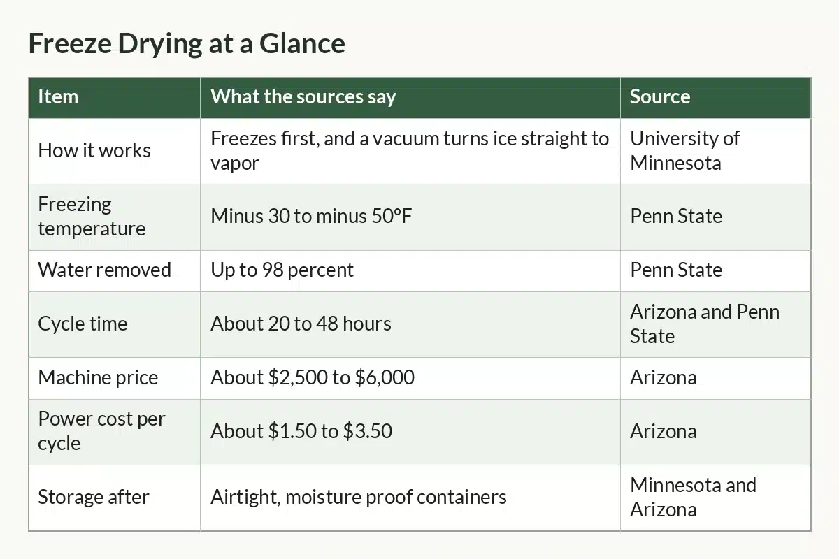Table graphic of Freeze Drying at a Glance with columns Item, What the sources say, Source and 7 rows