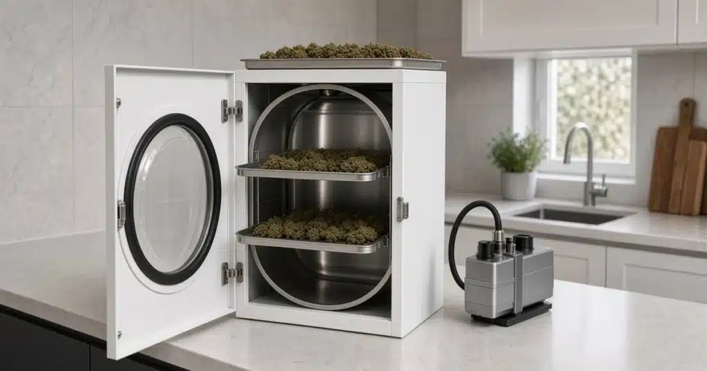 Home freeze dryer with its door open on a counter and a tray of cannabis buds inside