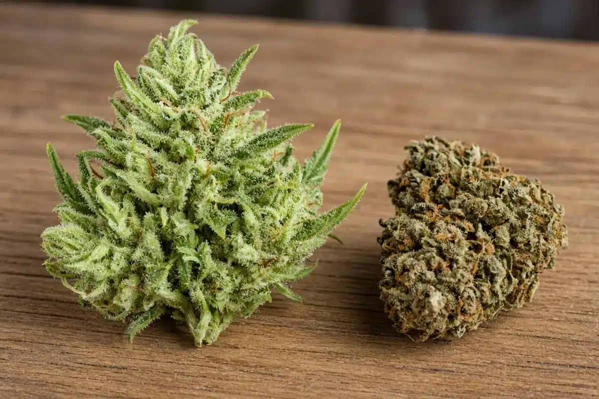 One fresh cannabis bud and one dried cannabis bud from the same plant side by side on a board