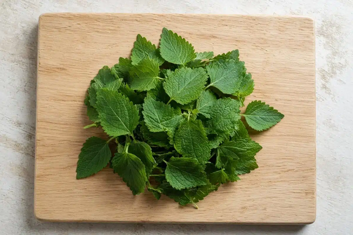 Fresh anise hyssop leaves on a cutting board