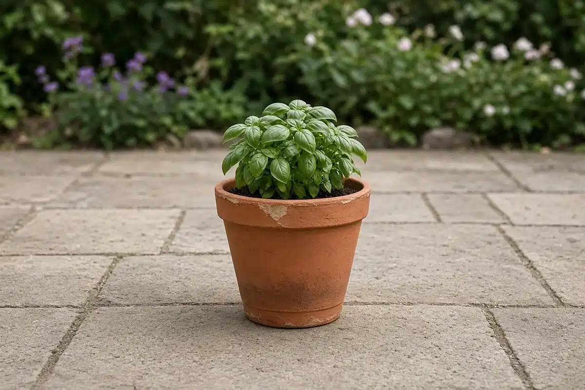 Fresh basil plant in a terracotta pot