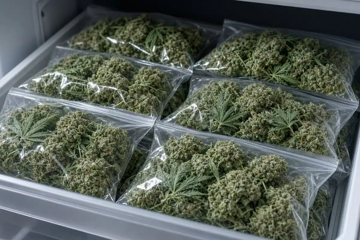 Sealed clear freezer bags of fresh cannabis buds stacked flat in a freezer drawer