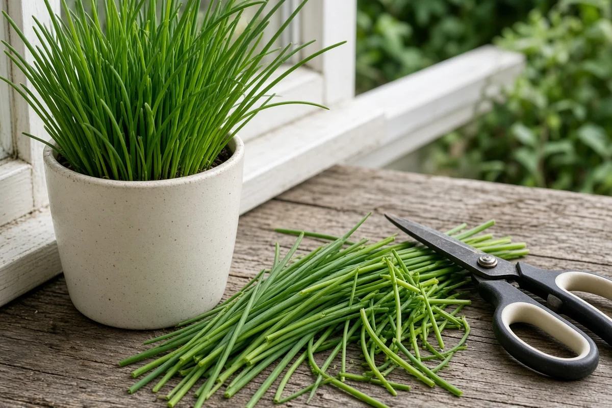 Fresh chive blades trimmed beside a windowsill pot