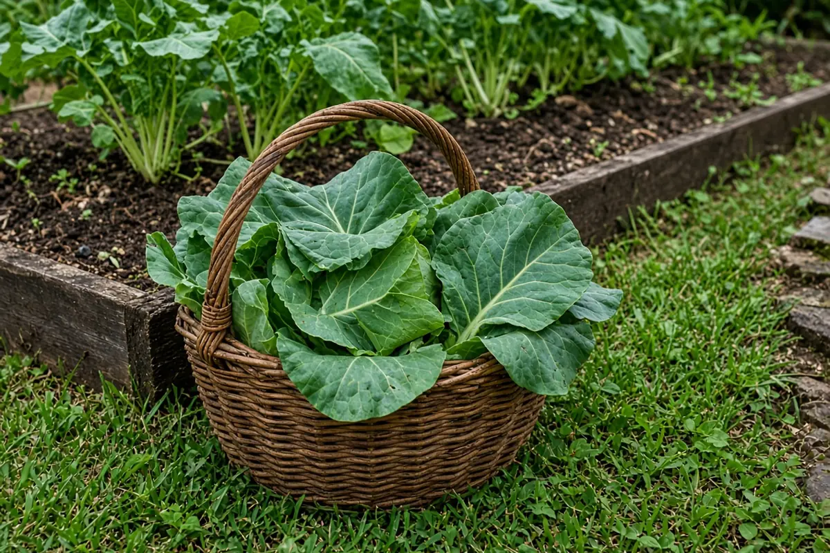 Fresh collard leaves in a basket