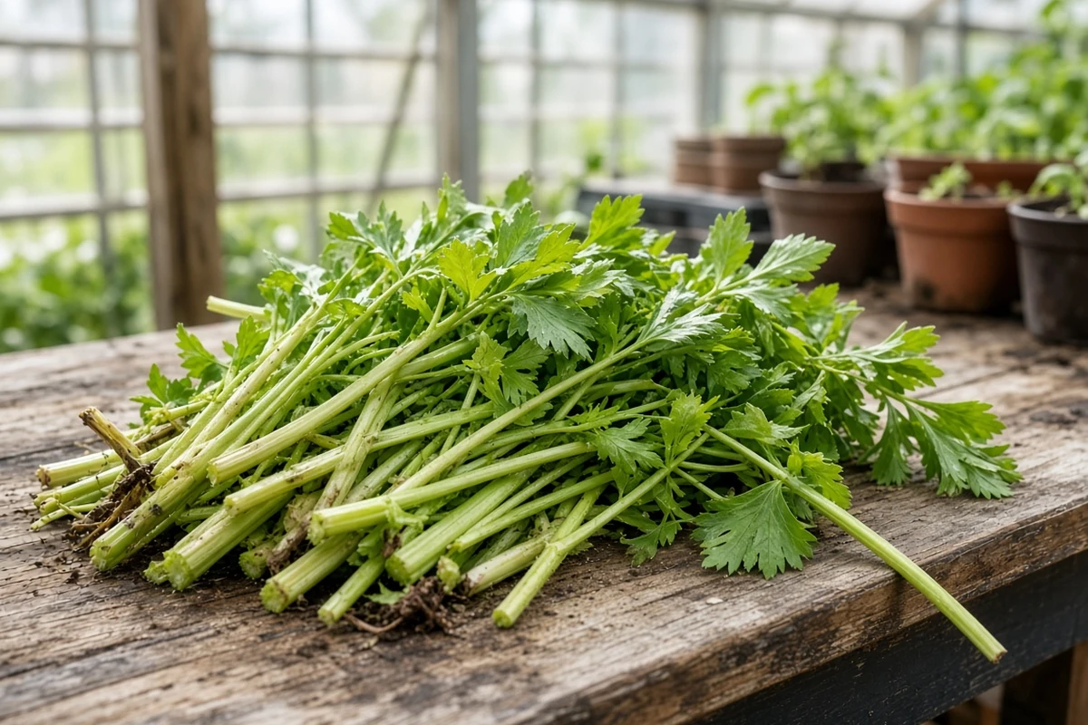 Fresh cut water celery stems on a potting bench