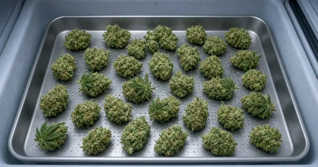 Fresh green cannabis buds in a single layer on a metal tray inside a chest freezer
