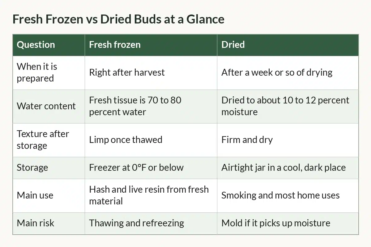 Table graphic of Fresh Frozen vs Dried Buds at a Glance with columns Question, Fresh frozen, Dried and 6 rows