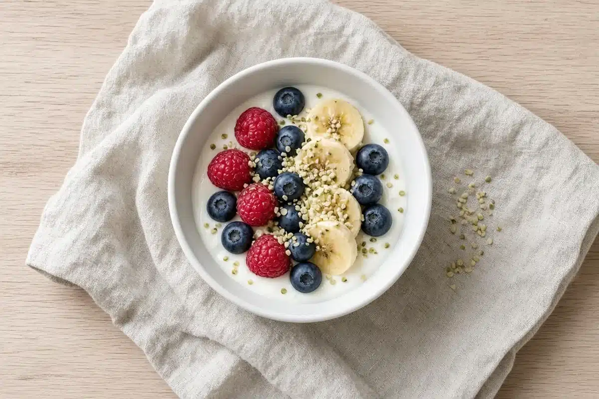 Fresh fruit and yogurt topped with hemp seeds