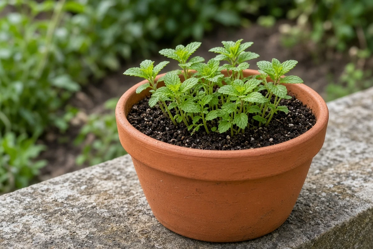 Fresh green mint shoots after cutting back