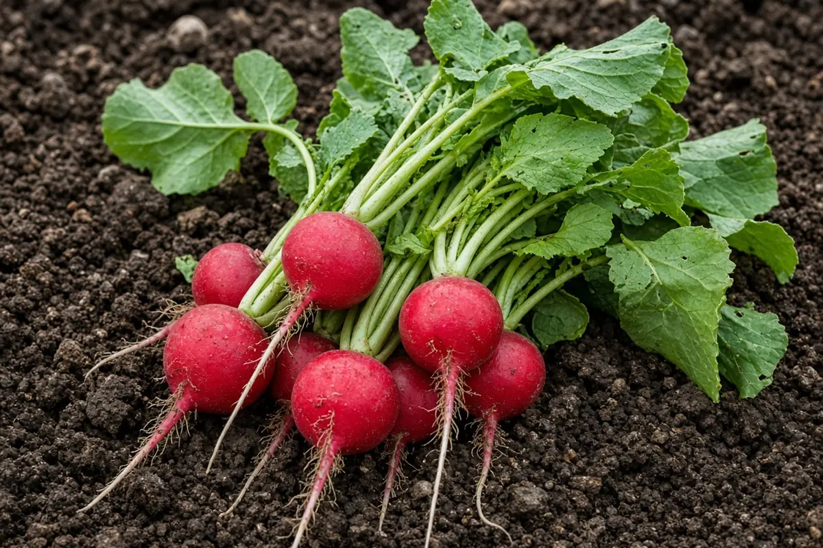 Fresh radishes pulled from soil