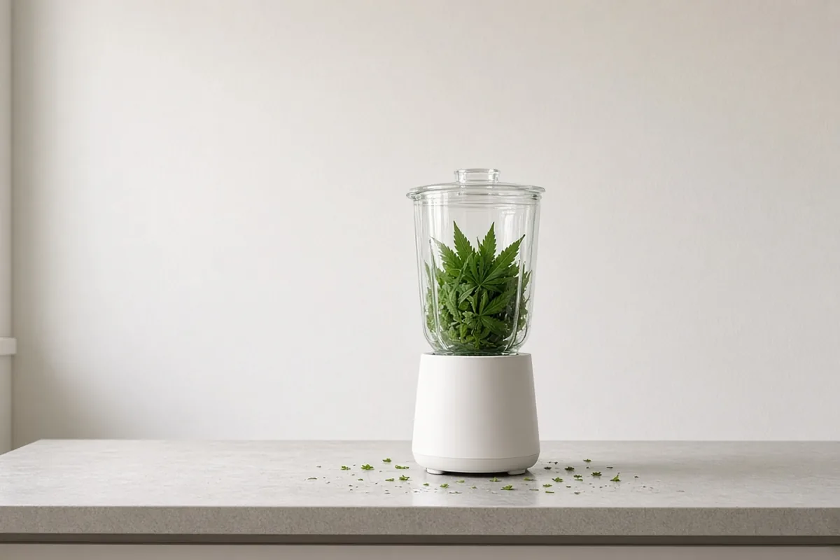 Fresh raw cannabis leaves in a blender