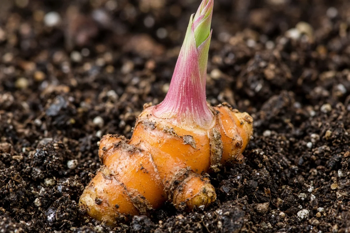 Fresh turmeric rhizome sprouting in moist potting mix