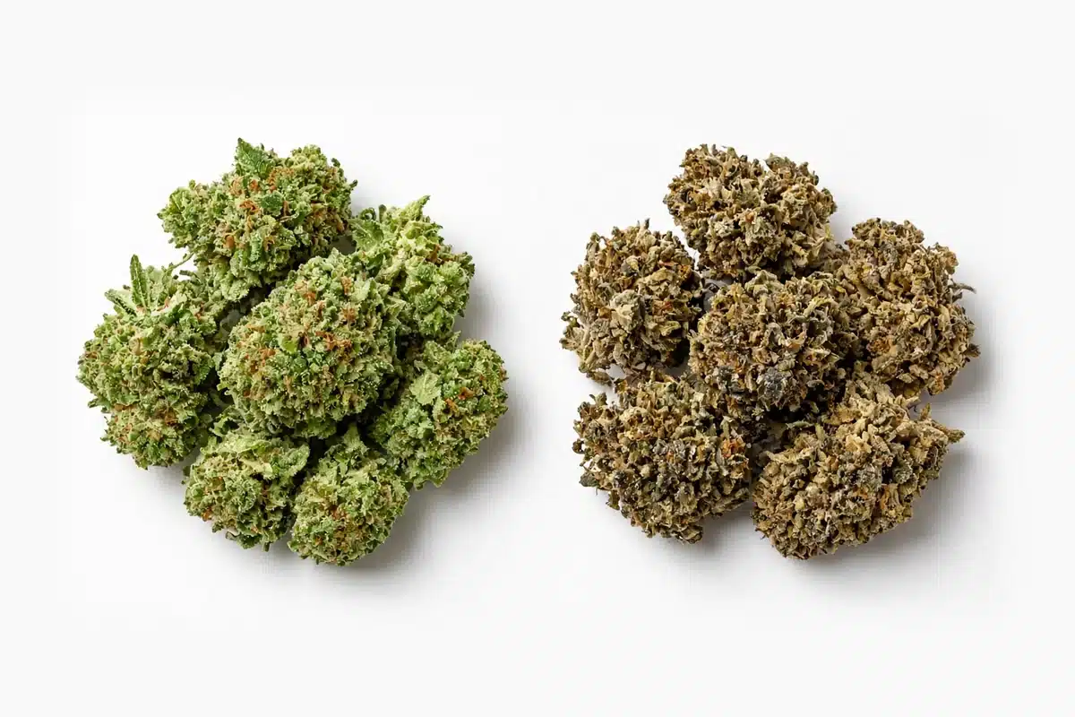 Fresh green cannabis buds beside faded old buds