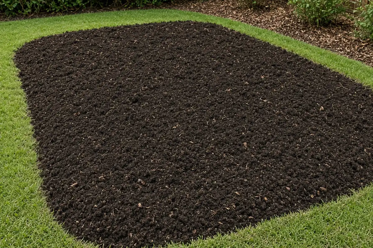 Freshly cleared bed with dark soil and compost