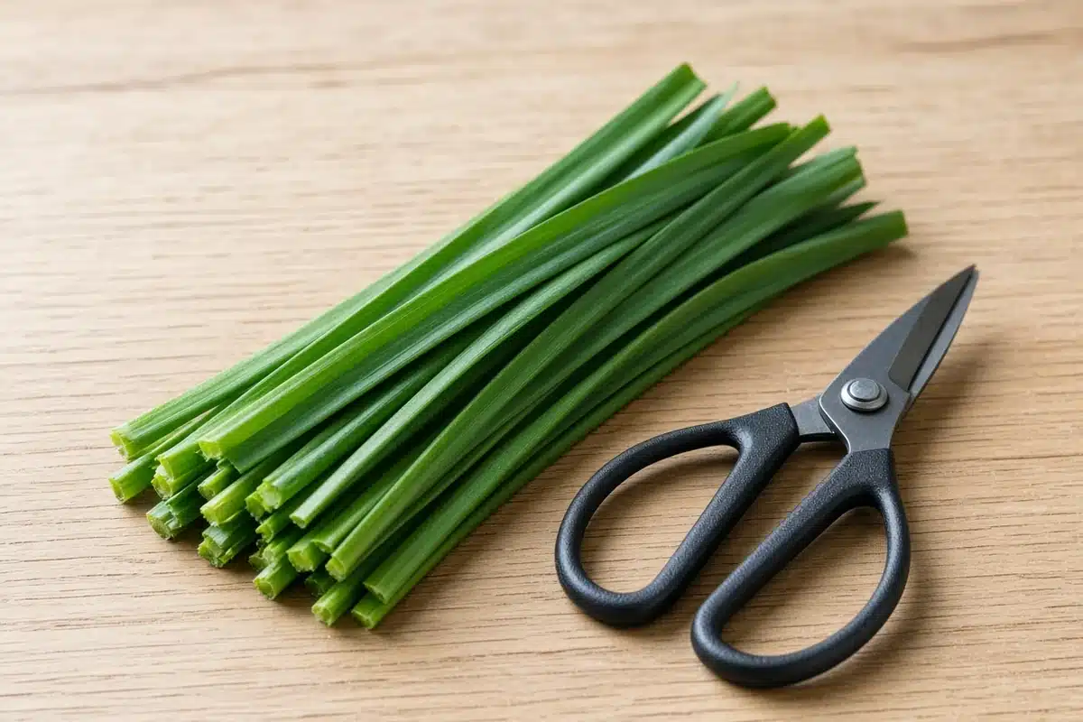 Freshly cut garlic chives on a board