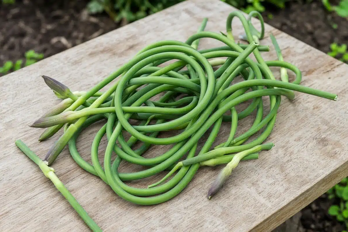Freshly cut garlic scapes on a wooden board